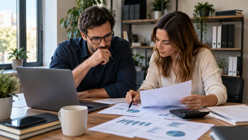 Agency professionals reviewing software budgets at a desk